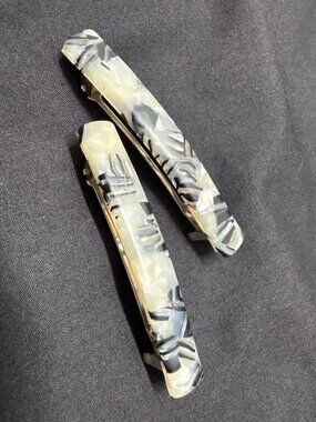 Vintage French Hair Barrettes Marbled Gray & White 2.5 Inches Set Of 2 Made In F